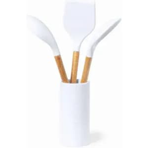 A collection of three white kitchen utensils with wooden handles, displayed in a white container.