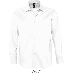 A white long sleeve men's business shirt featuring a collar and button-up front, with a brand logo on the neck.