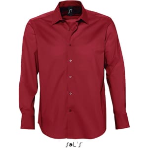 A men's long sleeve shirt in a rich burgundy colour, featuring a classic collar and button closure, with a logo.