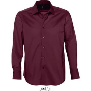 A burgundy long sleeve stretch men's shirt featuring a collar and button-down front. Includes a logo at the bottom.