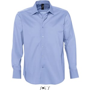 A long sleeve men's shirt in light blue, featuring a button-up front and a collar. The shirt has a logo on the label.