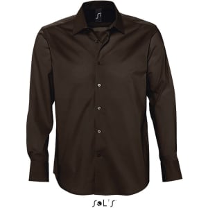 A long-sleeve men's shirt in a rich brown colour, featuring a collar and button-up front. The shirt includes a logo.