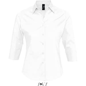 A white women's business shirt with 3/4 sleeves and a button-up front, featuring a collar and a logo.