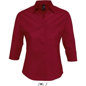 A women's business shirt in a rich red hue, featuring three-quarter sleeves and a collar. It has a branding logo.
