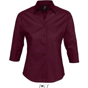 A burgundy women's business shirt with 3/4 sleeves and a fitted design. The shirt features a collar and buttons.