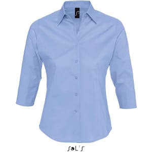 A light blue women's business shirt with 3/4 sleeves and a collar. Features a logo at the neck.