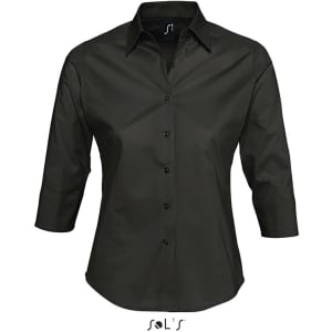 A women's business shirt in dark grey with 3/4 sleeves and a button-up front. Features a logo on the label.