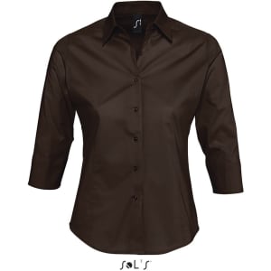A women's business shirt featuring 3/4 sleeves and a stretch fit, in a dark brown colour with a logo.