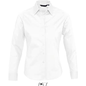 A white long sleeve women's business shirt with stretch fabric and a collar, featuring a brand logo.