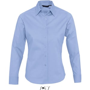 A light blue long sleeve women's shirt with a collar and buttons, featuring a logo.