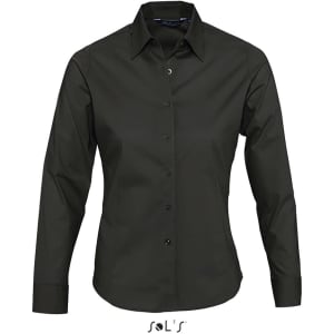 A dark green long sleeve women's business shirt with a classic collar and button-up front, featuring a logo.