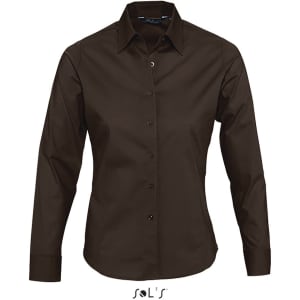 A brown long-sleeve women's shirt with a collared neckline and buttons down the front, featuring a logo.