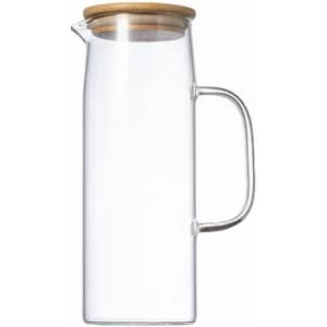 A drink bottle with a clear glass body and a wooden lid, featuring a handle on the side.