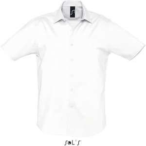 A short-sleeve white men's business shirt featuring a collar and a branded tag.