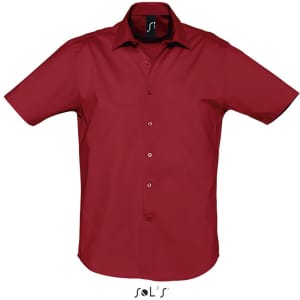 A short sleeve, men's business shirt in a deep red colour, featuring a logo on the inner collar.