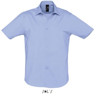 A light blue short sleeve men's shirt with a collar and a logo on the label.