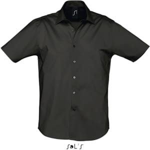 A short sleeve men's business shirt in dark grey with button-down front and a logo at the collar.