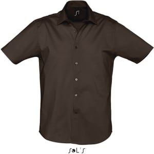 A dark brown short-sleeve men's business shirt with a collar and front buttons. The shirt features a logo.