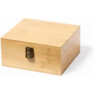 A wooden storage box in a light bamboo finish, featuring a metal clasp latch.