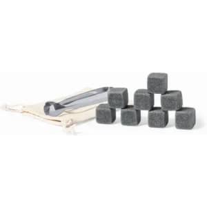 A set of eight black whiskey stones with a pair of tongs and a small pouch for storage.