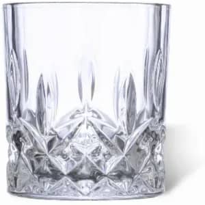 A clear crystal tumbler with a faceted design and a thick base, featuring decorative patterns.