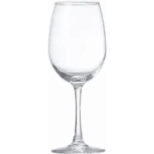 A clear glass wine glass with a slender stem and wide bowl. The glass is empty and transparent.