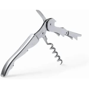 A stainless steel corkscrew with a lever, featuring a blade and bottle opener. It has a polished finish and a sleek design.