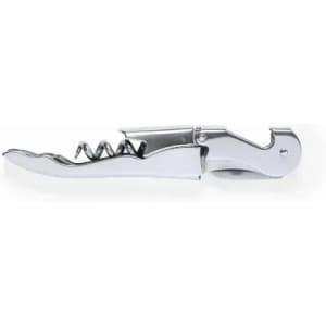 A chrome corkscrew with a sleek design, featuring a spiral tip and a lever for opening bottles.