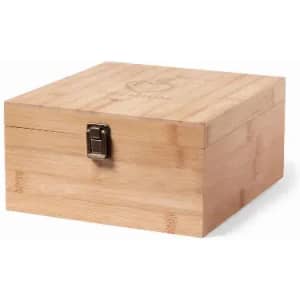 A bamboo gift box with a secure metal clasp, featuring a natural wood finish and a logo.