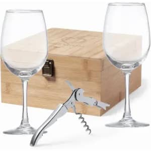 A gift set featuring two clear wine glasses, a silver corkscrew, and a wooden box.