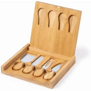 A bamboo cheese knife set featuring five stainless steel knives housed in a matching wooden case.