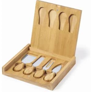 A bamboo box containing a set of six stainless steel cheese tools, featuring different knife styles.