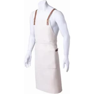 A cream-coloured apron with leather straps and a front pocket, displayed on a mannequin.