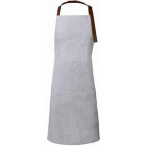 A grey apron featuring a brown leather strap. The design is simple and functional, with no visible logos.