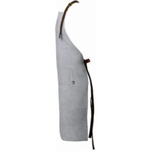 A grey apron with a pocket and a brown leather strap. It has a simple design and a classic colour scheme.