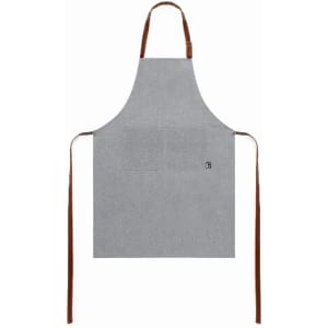 A grey apron with brown straps and a logo at the front. The design is simple and functional.