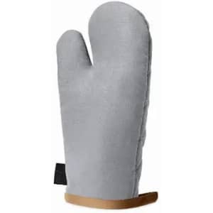 A grey oven mitt with a textured surface and a wooden base for resting. Features a simple design without branding.