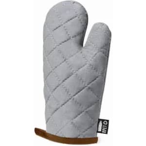 A grey quilted oven mitt with a brown leather trim and a logo tag on the side.