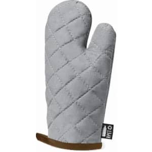 A grey quilted oven mitt with a textured surface and a brown leather-like grip at the bottom. It has a small branding label.