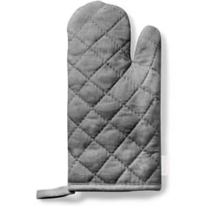 A grey quilted oven mitt featuring a diamond pattern and a hanging loop for storage.