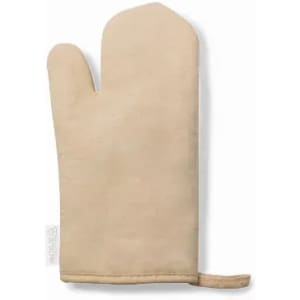An oven mitt in a neutral beige colour, featuring a textured surface and a hanging loop.