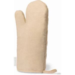 A beige oven mitt with a quilted design and a hanging loop for easy storage.