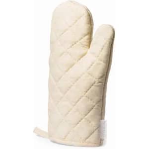 A cream-coloured oven mitt with a quilted texture and a hanging loop for easy storage.