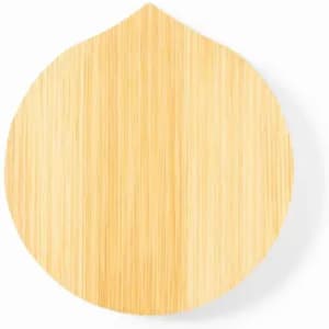 A round bamboo serving board with a natural finish and a pointed top. It features a smooth surface.