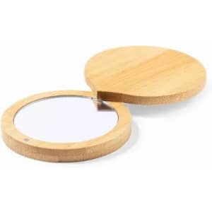 A compact mirror with a round bamboo case, featuring a reflective surface and a natural wood finish.