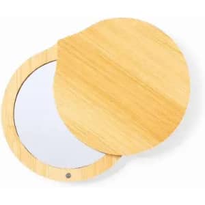 A round mirror with a bamboo exterior. The top cover is partially open, revealing the reflective surface inside.