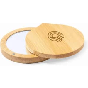 A wooden coaster set featuring a circular design with a smooth finish and a logo on the top coaster.