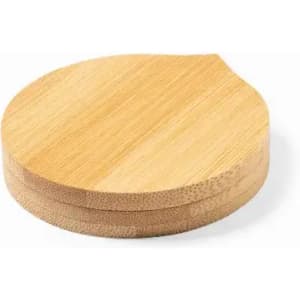 A bamboo coaster set in a circular shape with a distinctive leaf-like notch. Natural wood colour.