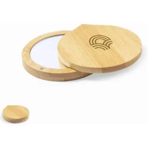 A bamboo mirror compact with a rounded shape, featuring a natural wood finish and a logo design.