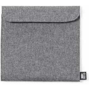 A grey fabric pouch with a flap closure and a small logo at the bottom.